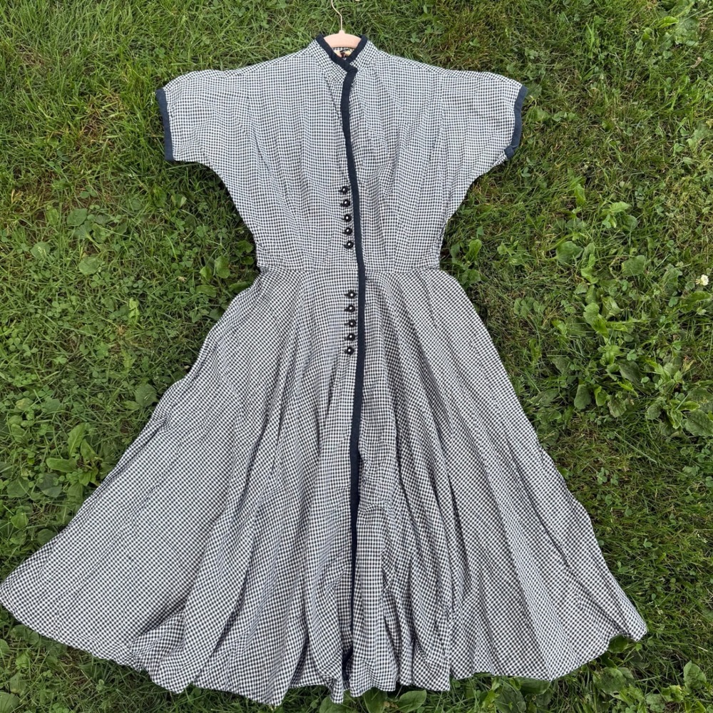 R&K Original Vintage 50s Gingham Dress Black White Rhinestone Button Retro